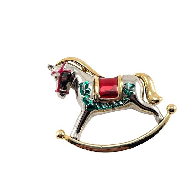 Unbranded Rocking Horse Pin Brooch Gold Tone Enameled Red Green Silver 2" - Picture 6 of 6